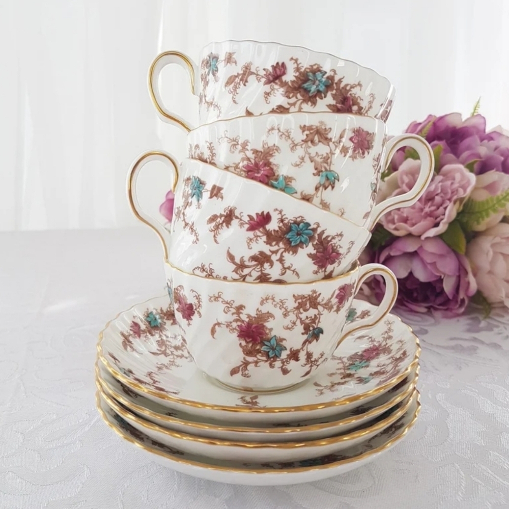 Minton Ancestral Teacup Set (4): Vintage Bone China England Tea Cup and Saucers